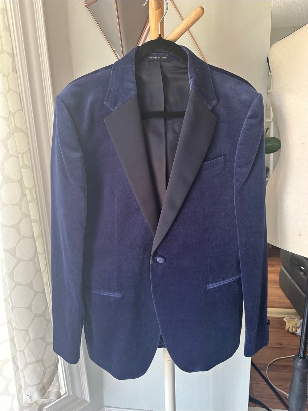 REISS Men's Navy Blue Velvet Tuxedo Blazer Jacket Sport Coat Black Satin Sz 40R